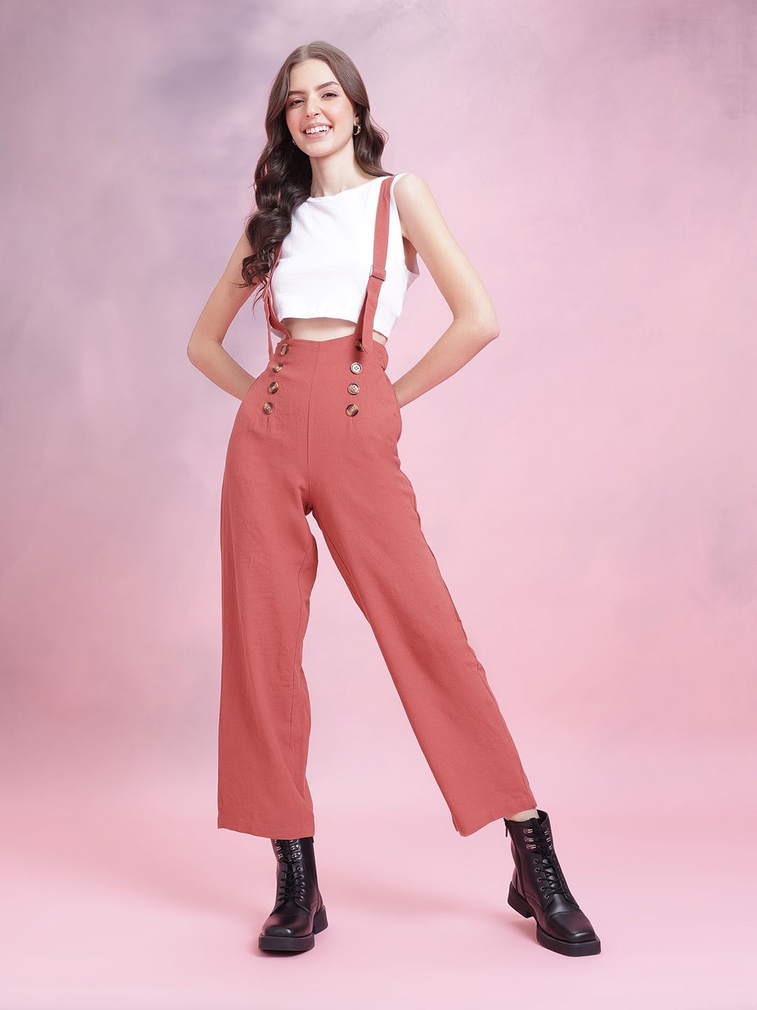 DressBerry Women High-Rise Mock Buttons Cropped Trousers with Gallus