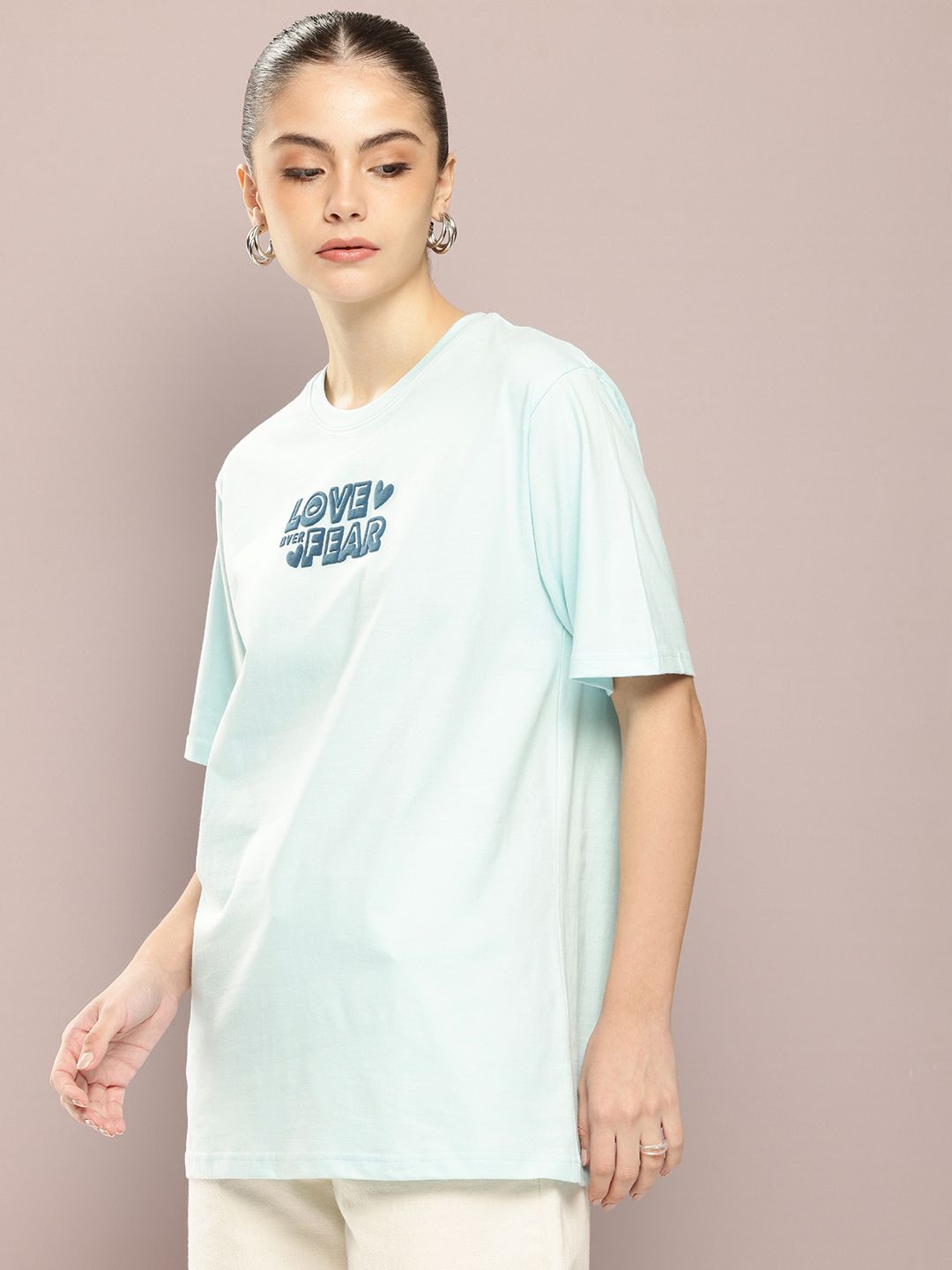 DILLINGER Women Typography Printed Embossed Oversized T-shirt