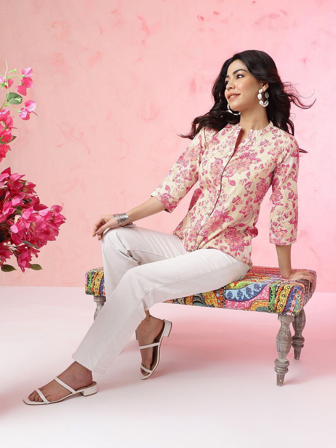Anouk Off White Floral Printed Mandarin Collar Pure Cotton Top