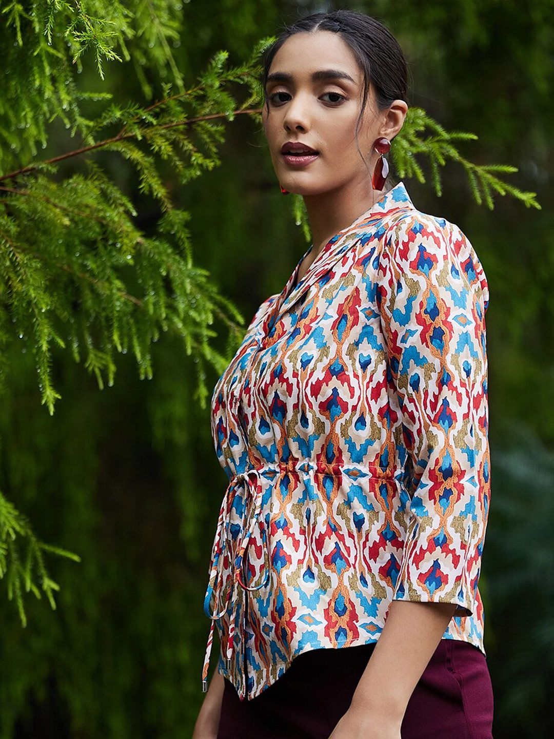 Athena Women Beige & Blue Print Top