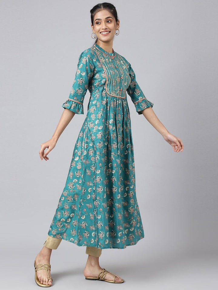 AURELIA Women Green Ethnic Motifs Printed Keyhole Neck Kurta