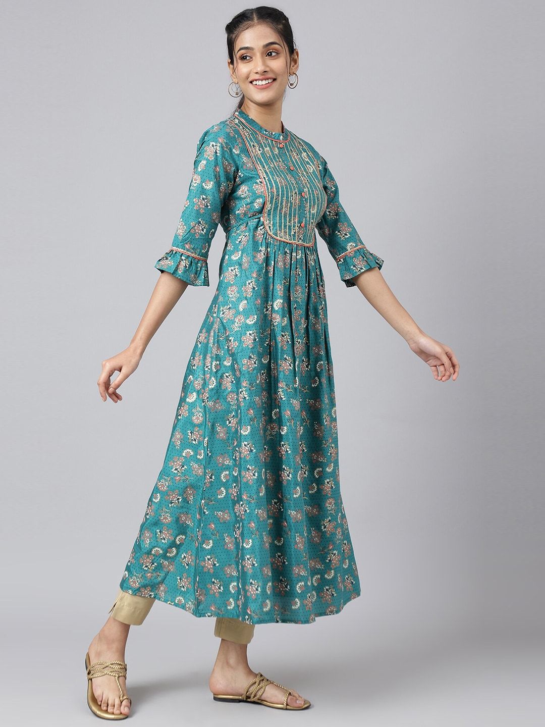 AURELIA Women Green Ethnic Motifs Printed Keyhole Neck Kurta