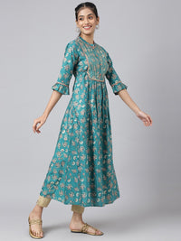 AURELIA Women Green Ethnic Motifs Printed Keyhole Neck Kurta