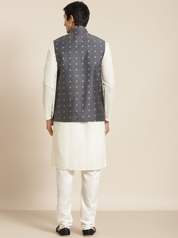 SOJANYA Men Cream-Coloured Chikankari Pure Cotton Kurta with Churidar & Nehru Jacket