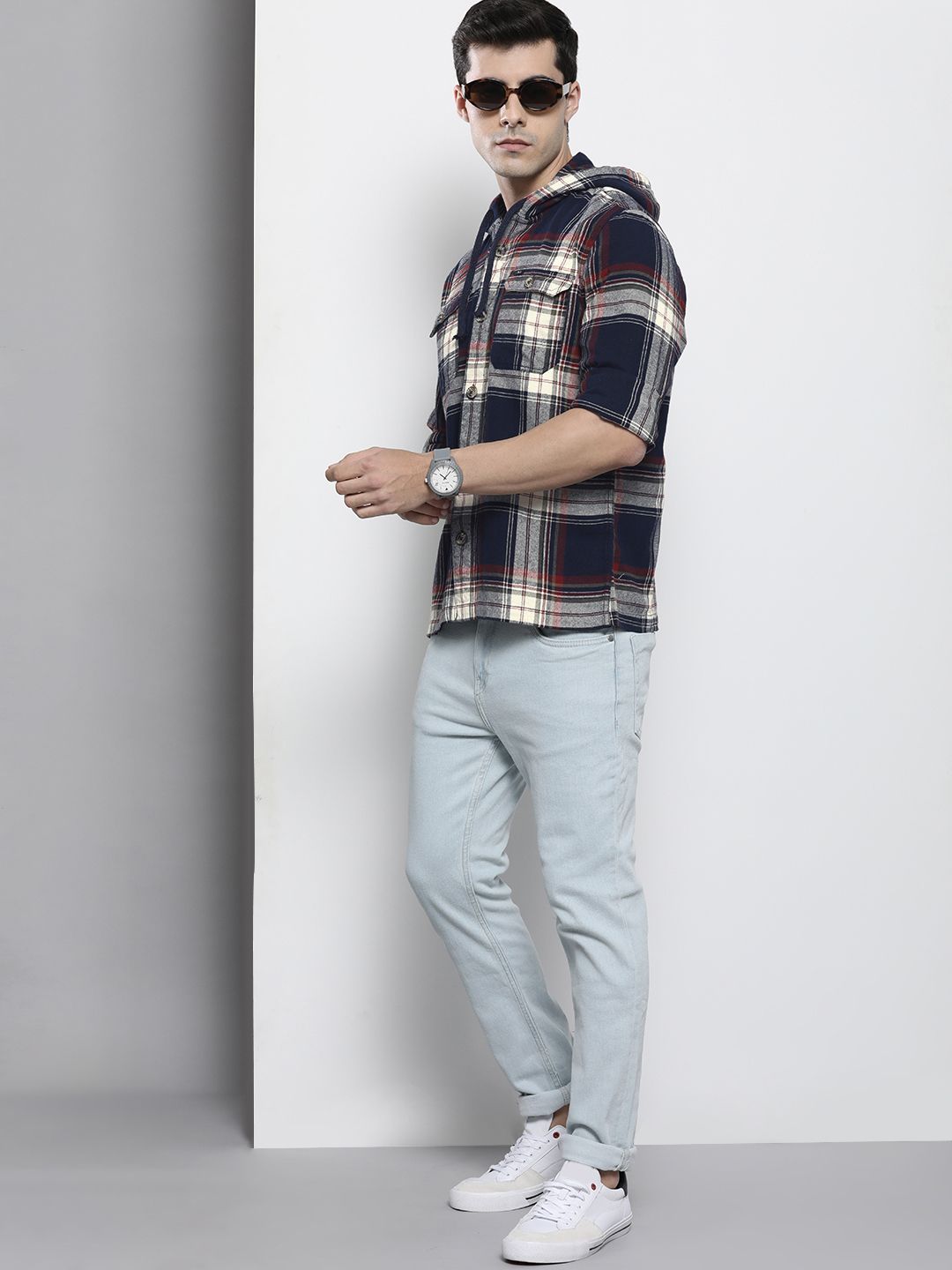 The Indian Garage Co Men Checkered Hooded Shirt with Double Flap Pockets