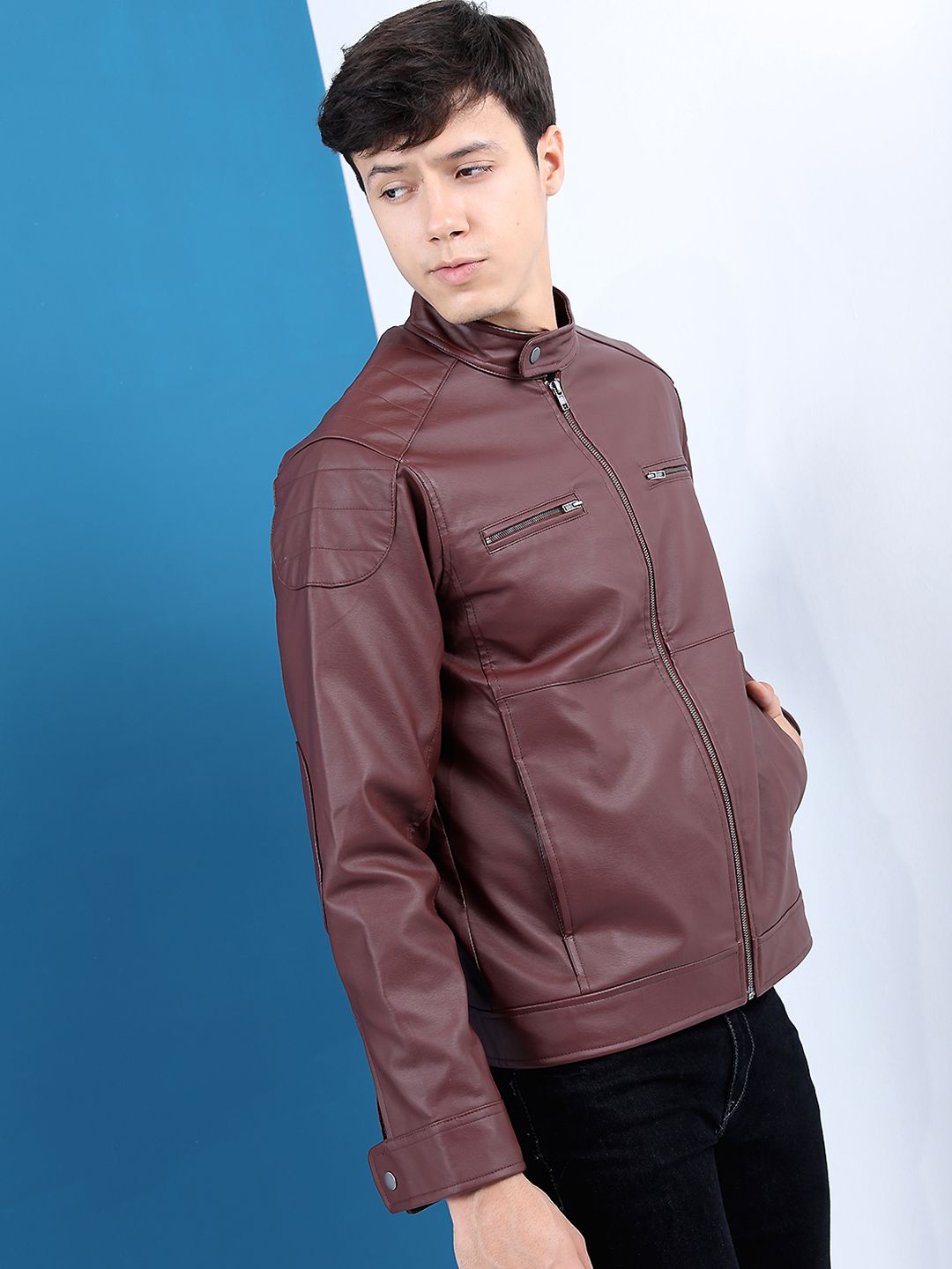 HIGHLANDER Men Burgundy Solid Leather Jacket