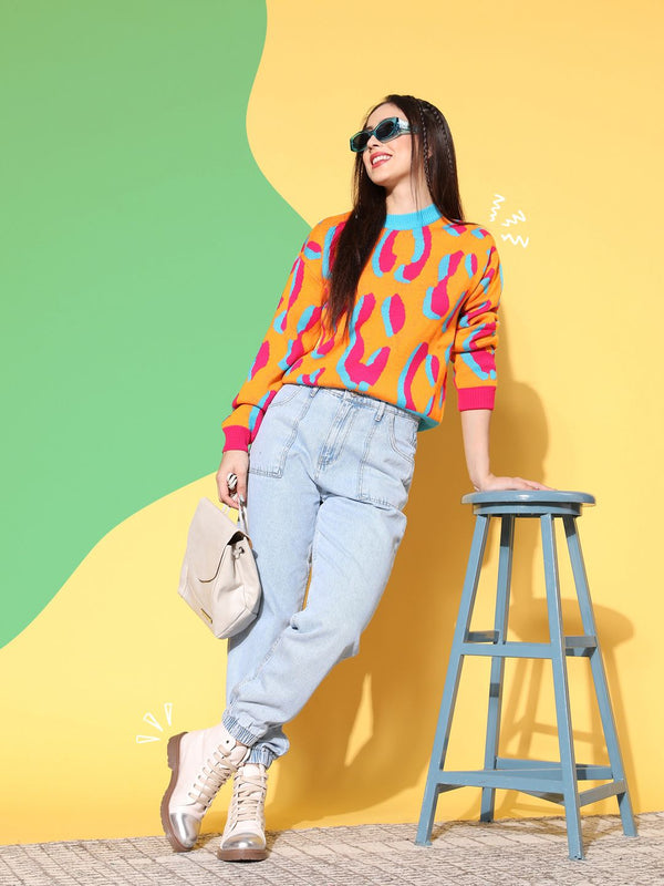 Wanita berrylush menawan abstrak kuning bit sweater