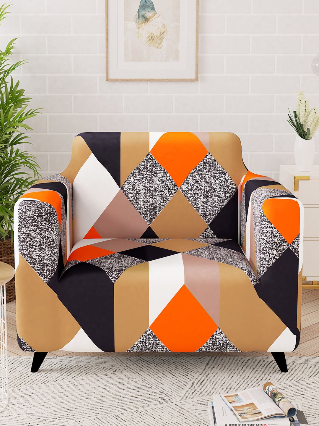 Story@home Orange & Beige Printed 1 Seater Stretchable Sofa Cover With Arms
