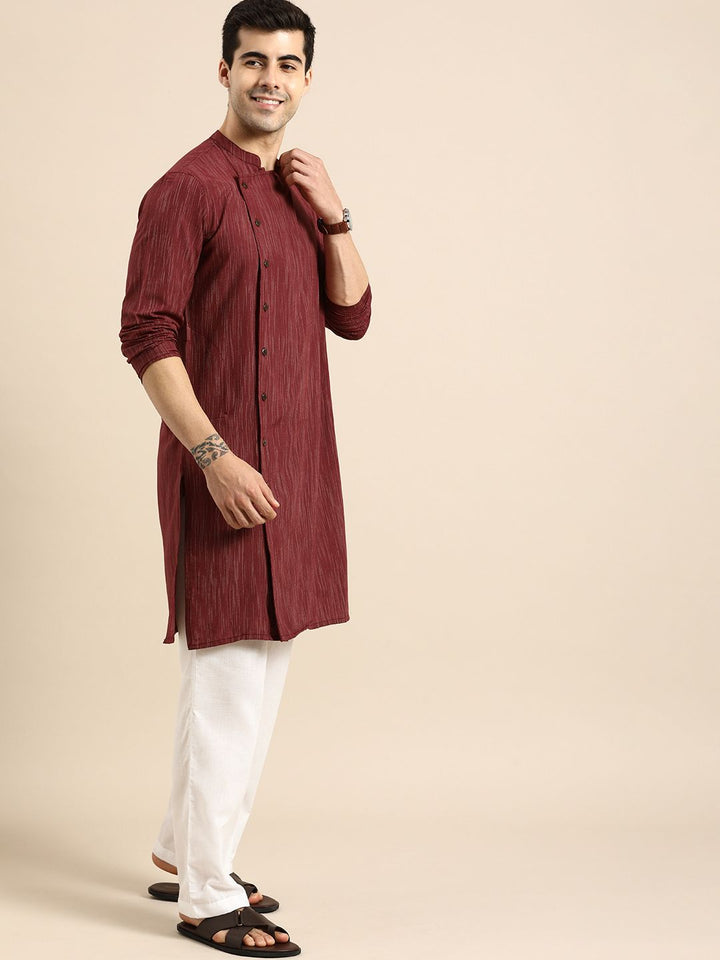 Anouk Men Maroon Striped Angrakha Pure Cotton Straight Kurta with Pyjamas