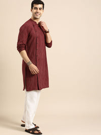 Anouk Men Maroon Striped Angrakha Pure Cotton Straight Kurta with Pyjamas