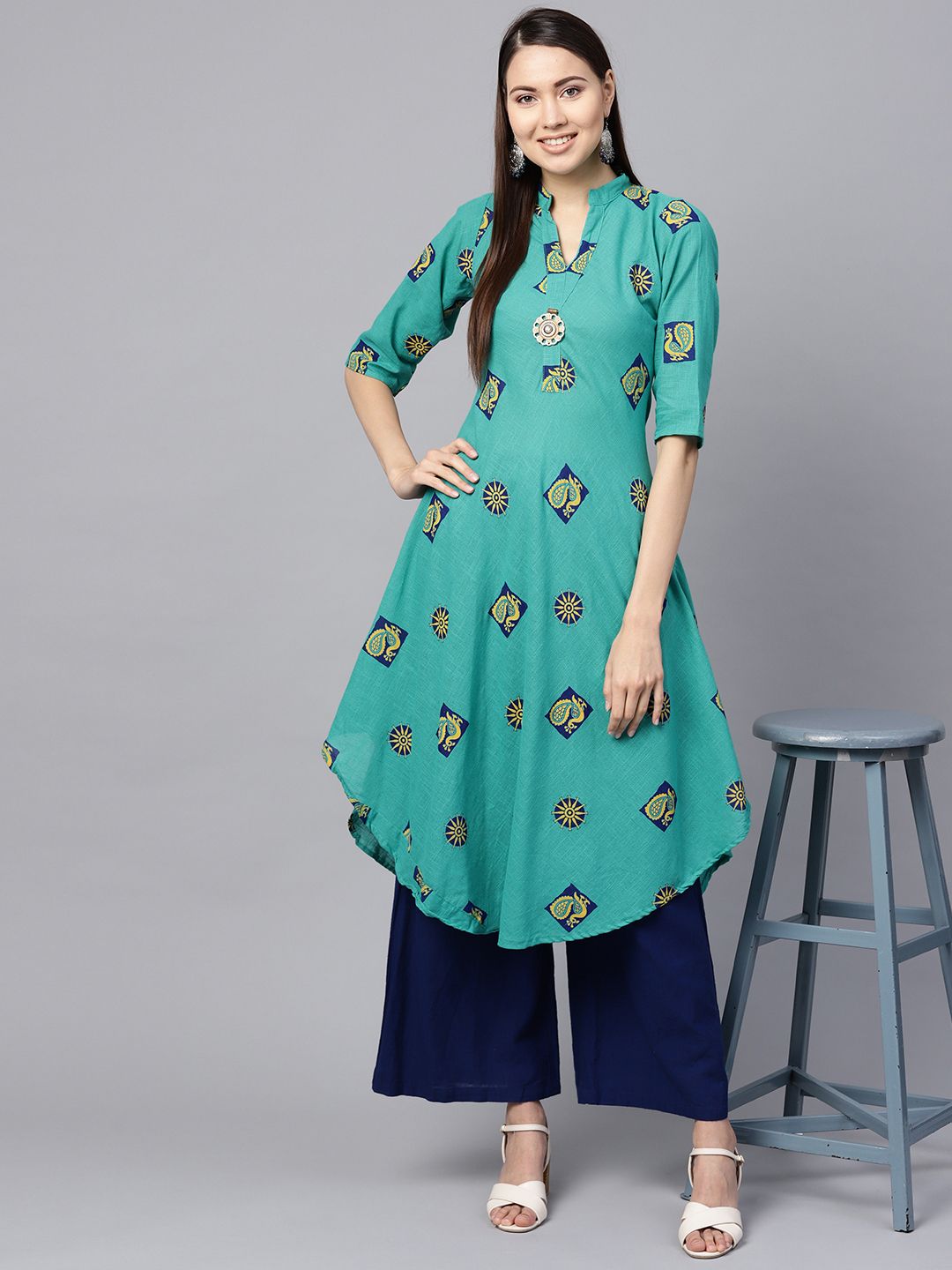 SOJANYA Women Sea Green & Yellow Printed A-Line Kurta