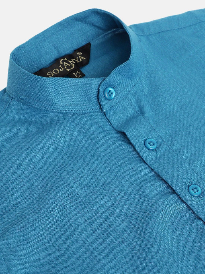 SOJANYA Boys Blue Solid Band Collar Kurta