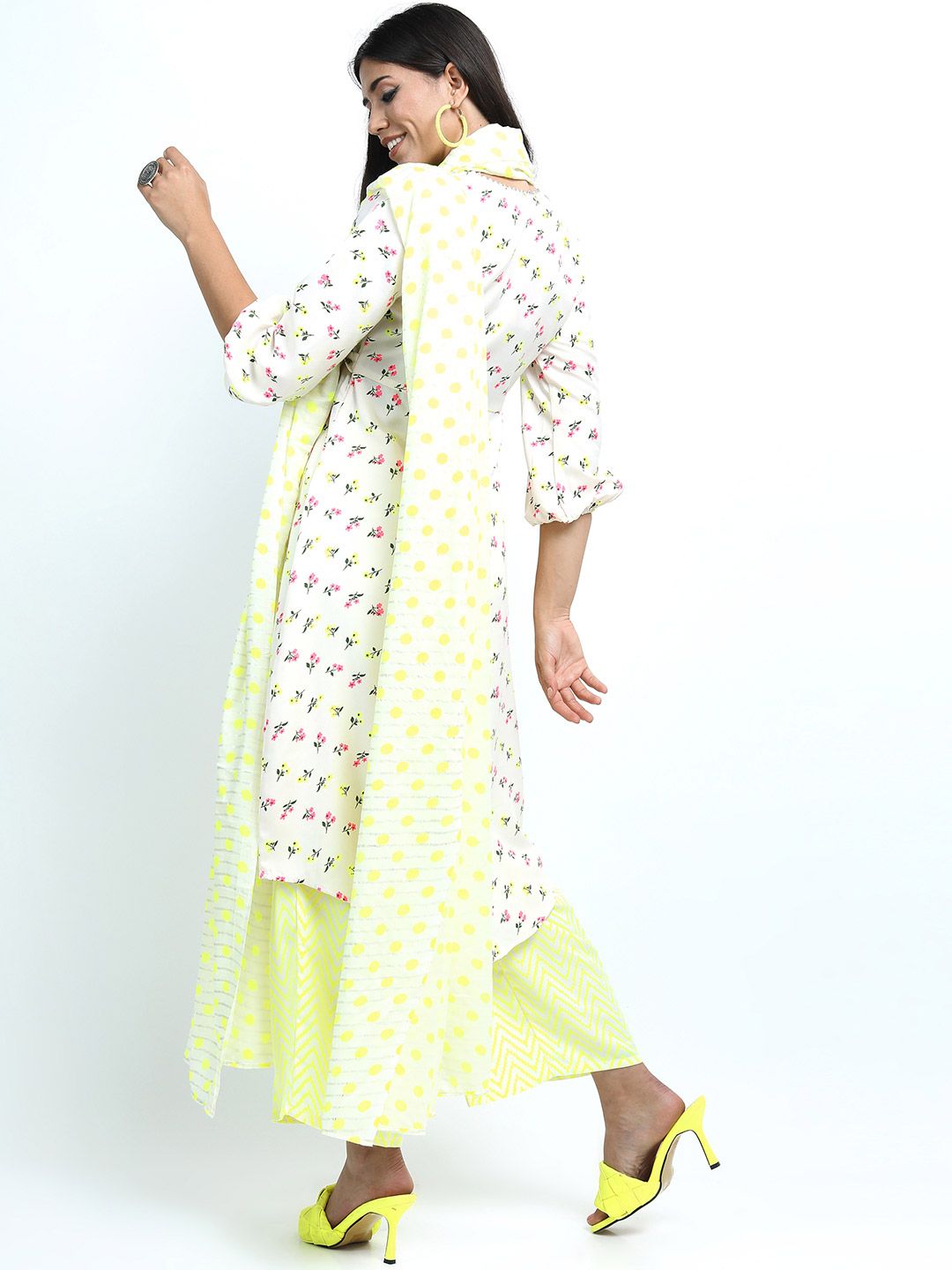 Vishudh Women Off White Floral Printed Angrakha Kurta with Trousers and dupatta