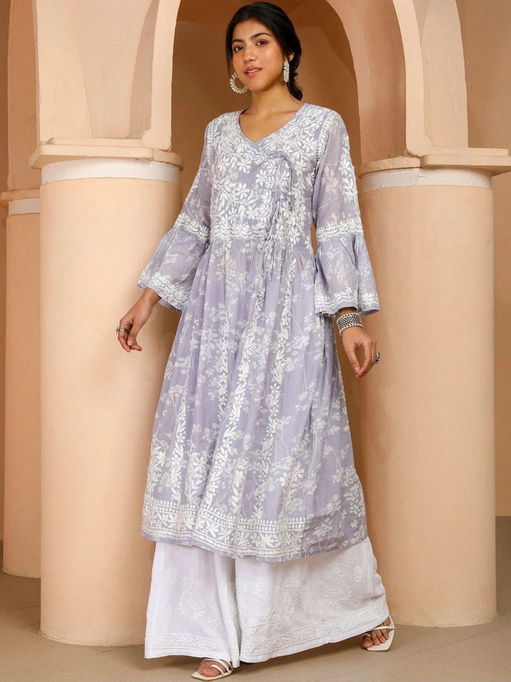 Rumah Wanita Chikankari Lengan Loceng Sulam Bunga Chikankari Kurta