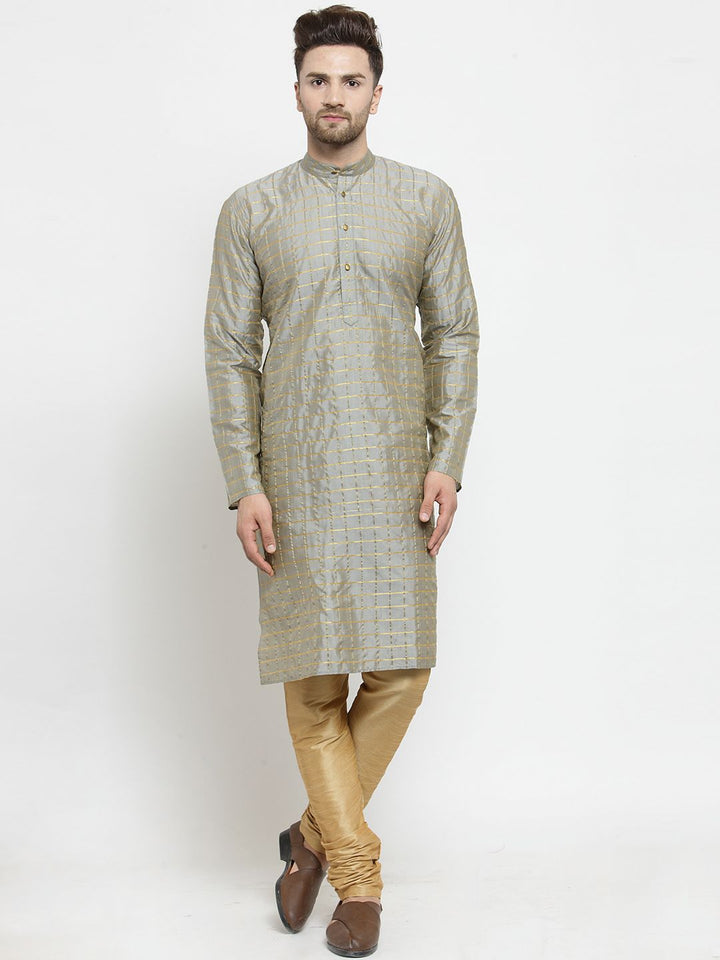 SOJANYA Men Grey & Gold-Toned Checked Straight Kurta