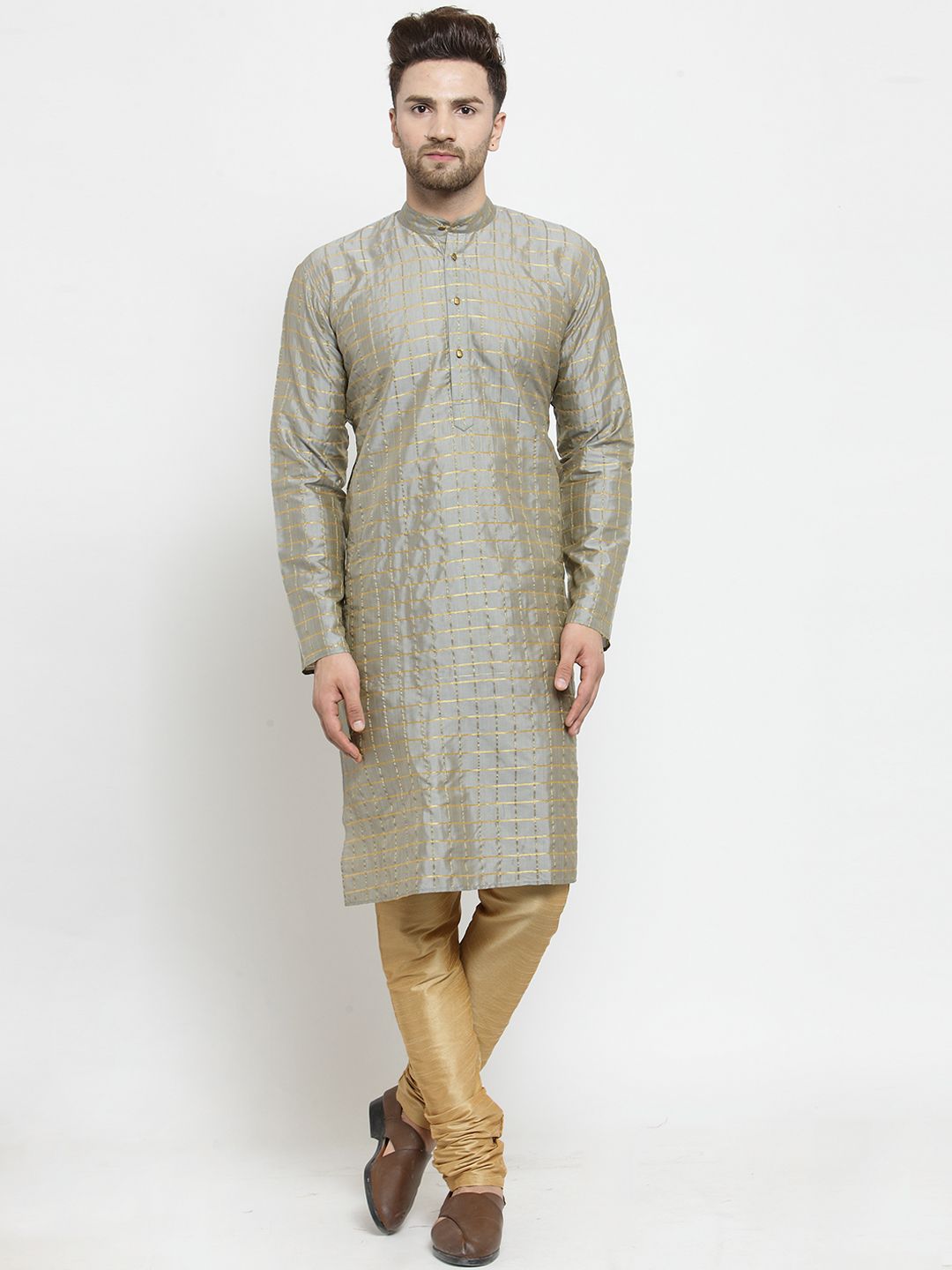 SOJANYA Men Grey & Gold-Toned Checked Straight Kurta