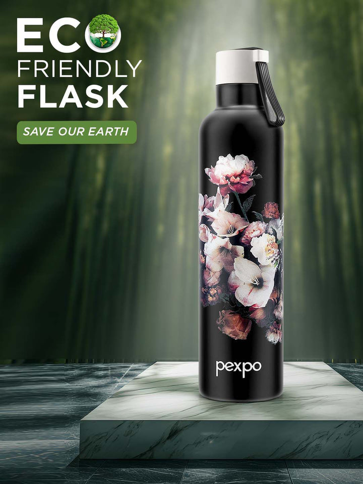 Pexpo Black OSLO-ISI Certified Thermosteel Floral Hot and Cold Flask Water Bottle 750 ml