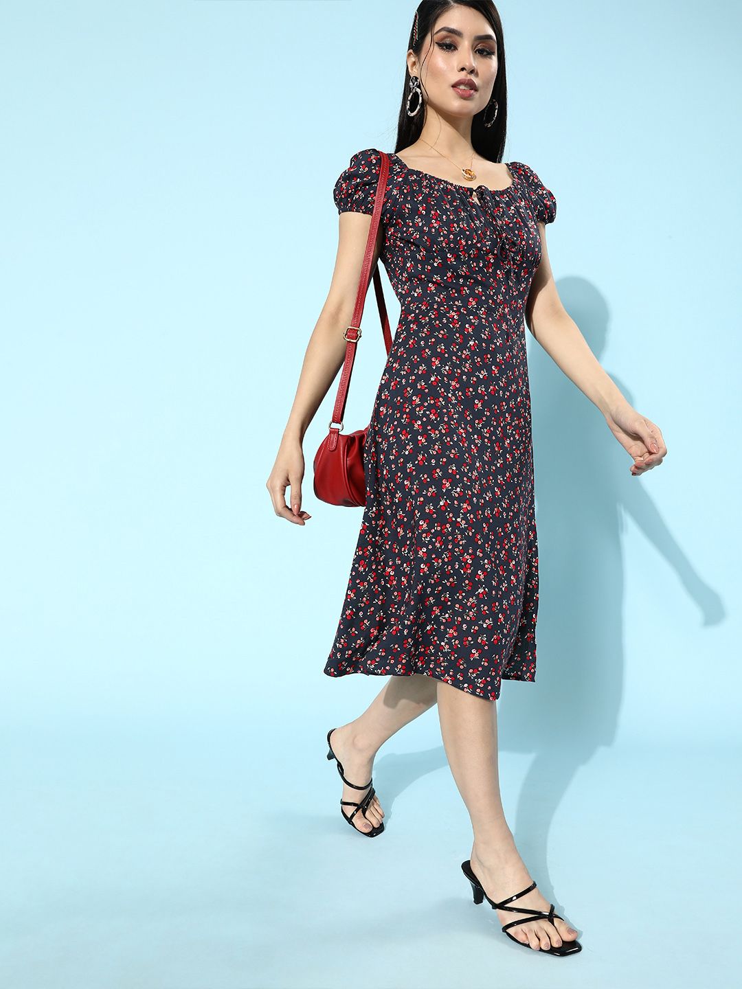 Berrylush Navy Blue Ditsy Floral Print A-Line Midi Dress
