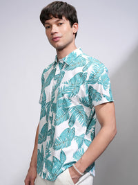 HIGHLANDER Men White & Green Slim Fit Printed Casual Shirt