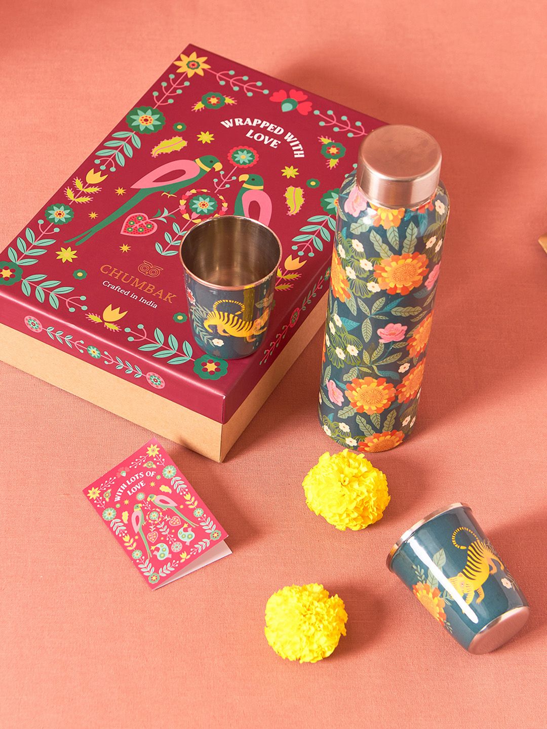 Chumbak Marigold Green & Yellow 3 Pieces Printed Stainless Steel Drinkware Gift Set