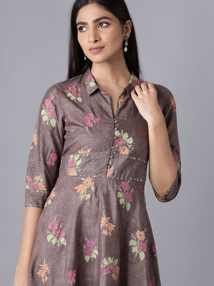 W Women Festive Floral Print Shantung Flared Ethnic Dress