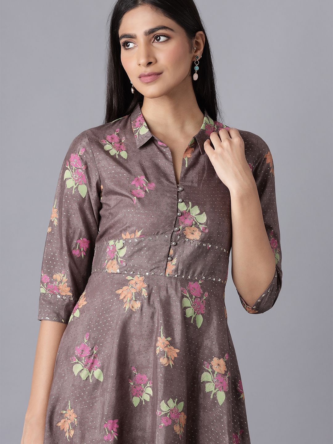 W Women Festive Floral Print Shantung Flared Ethnic Dress