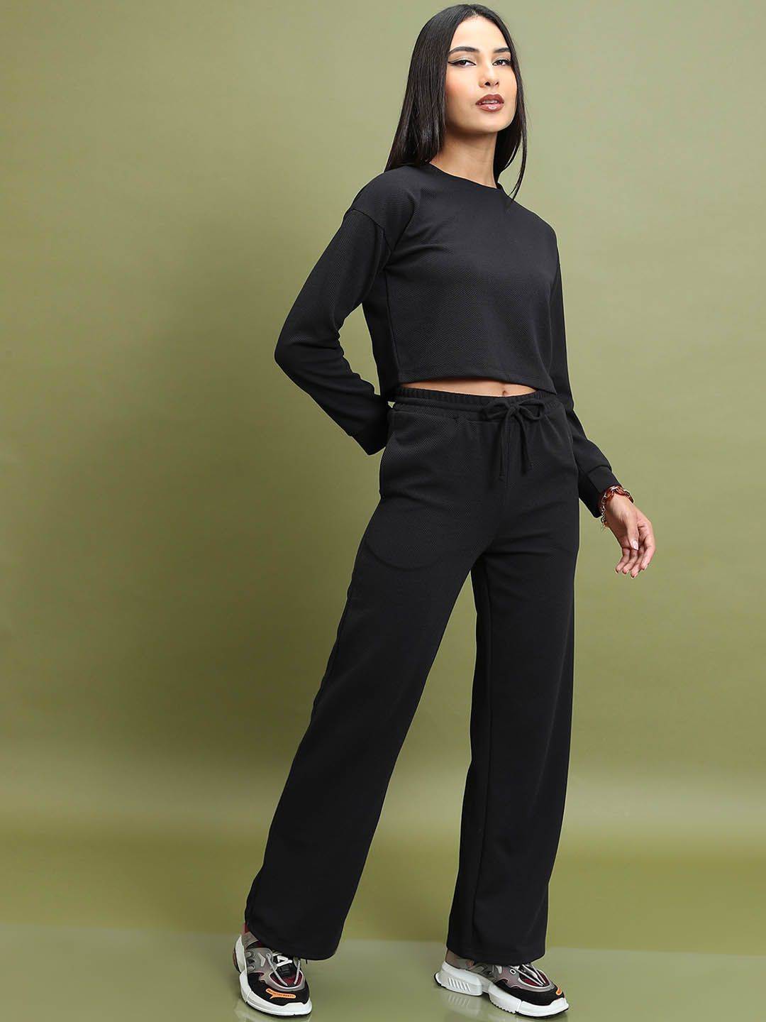 Tokyo Talkies Black Round Neck Crop Top & Trousers