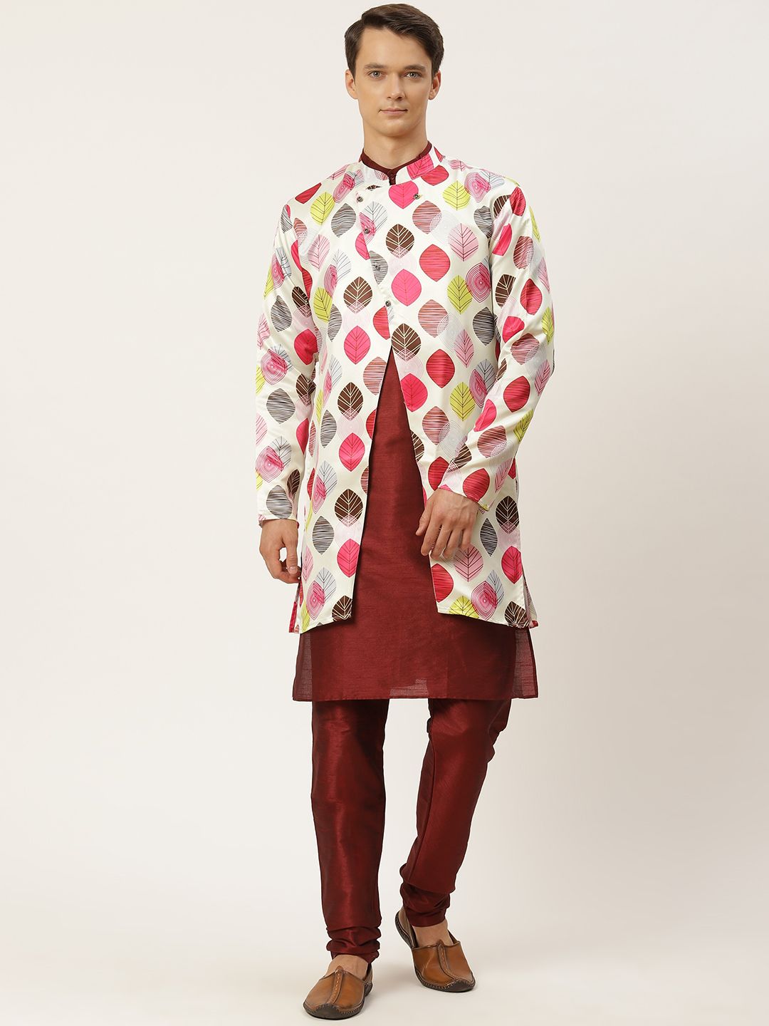 SOJANYA Men Maroon Layered Kurta with Churidar & Jacket