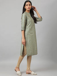 W Floral Printed Mandarin Collar Roll-Up Sleeves Straight Kurta