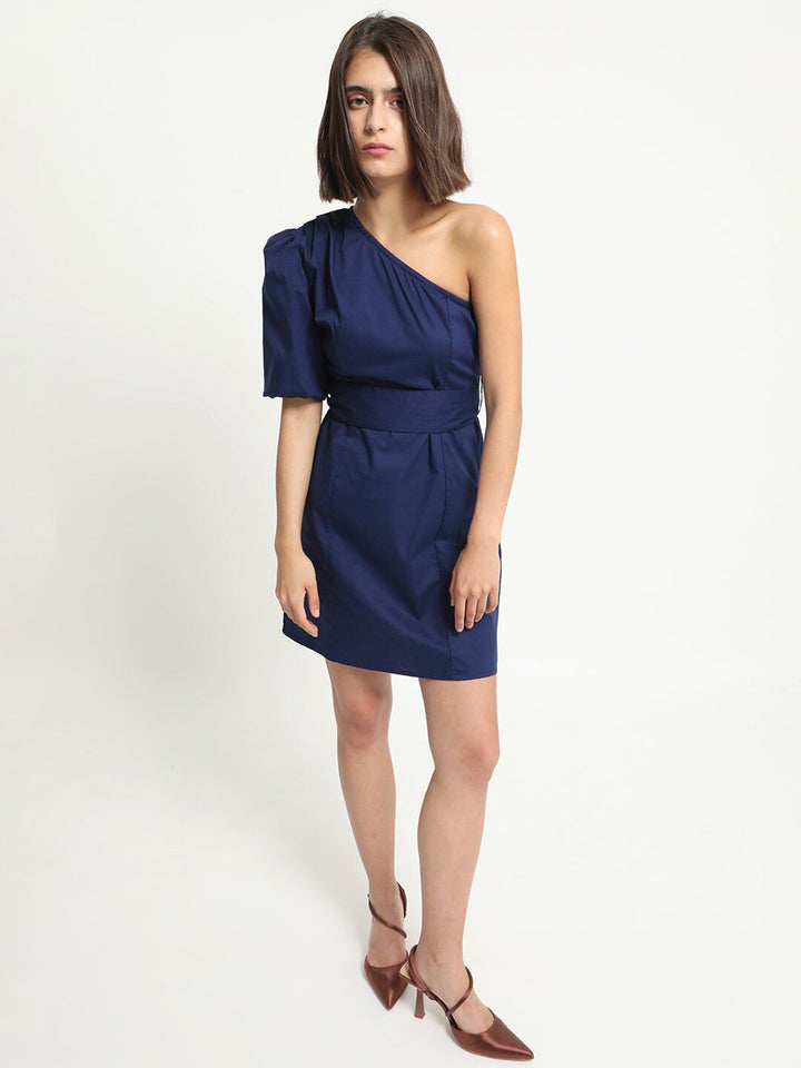 RAREISM One Shoulder Belted Detailed A-Line Poplin Dress