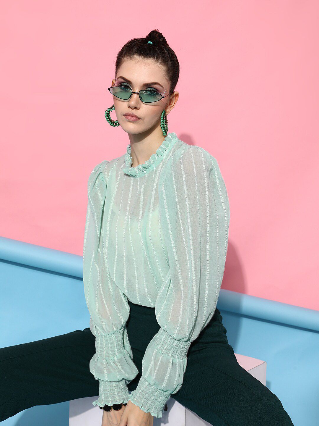STREET 9 Turquoise Blue Striped Georgette Blouson Top