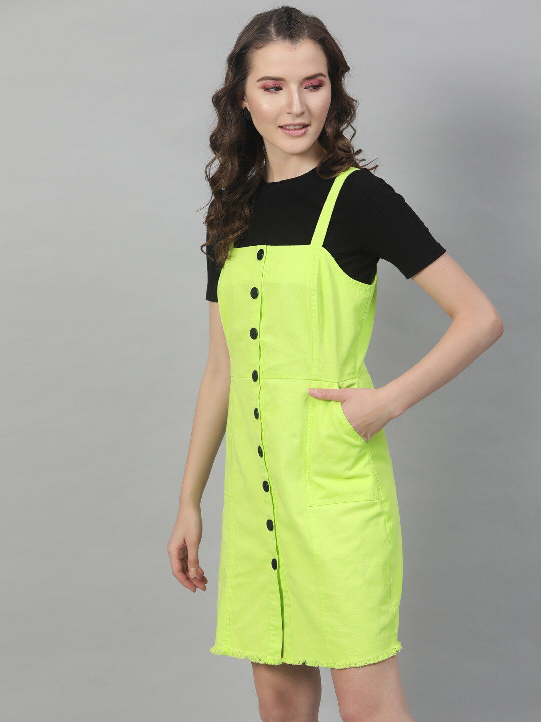 STREET 9 Women Fluorescent Green Solid Pinafore Dress