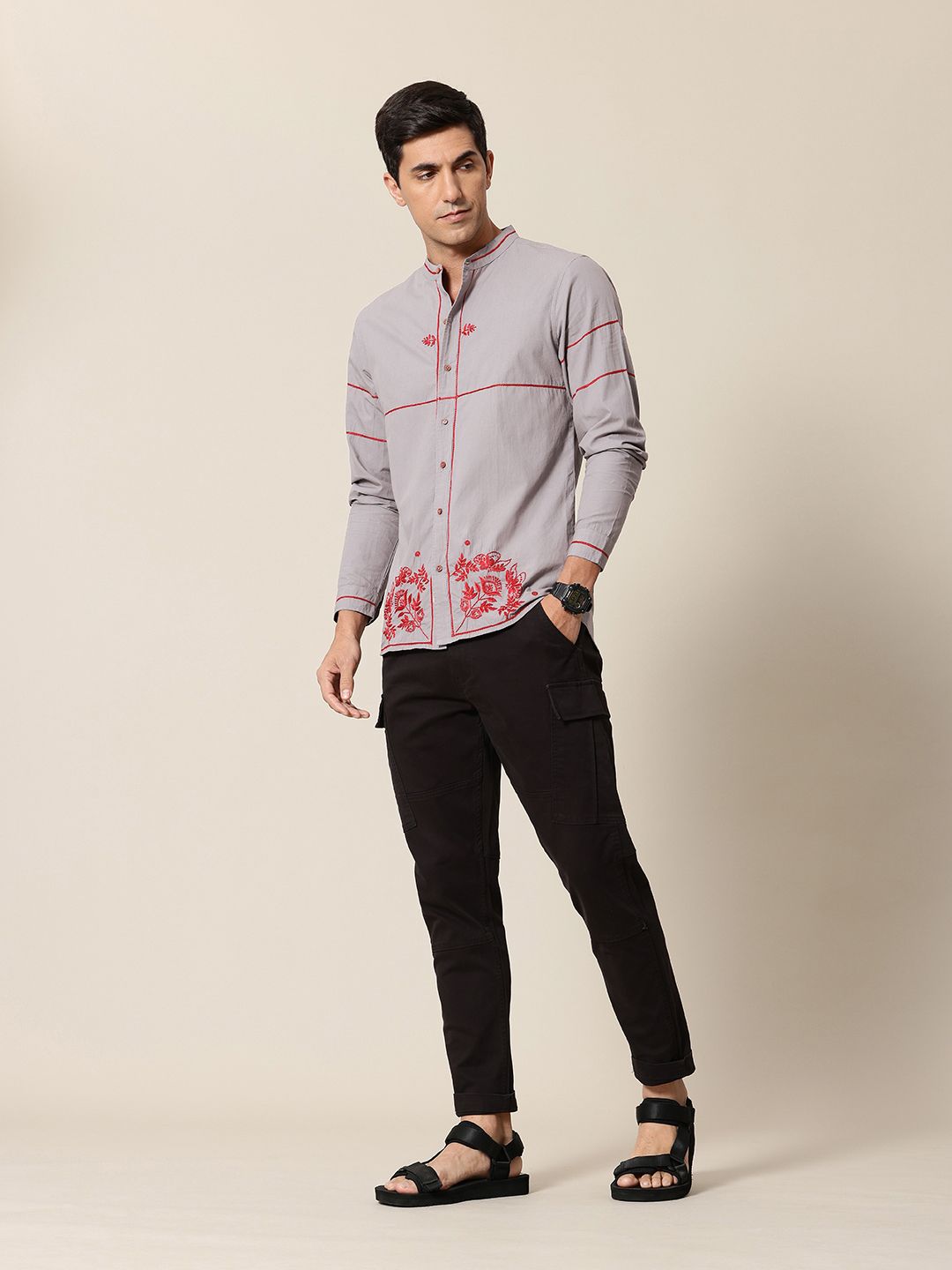 Mr Bowerbird Pure Cotton Floral Embroidered Tailored Fit Opaque Casual Shirt