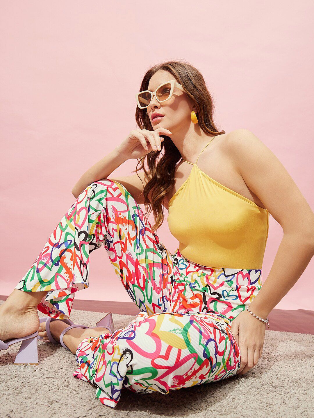 Berrylush White Women High-Rise Printed Relaxed Straight Leg Parallel Trousers