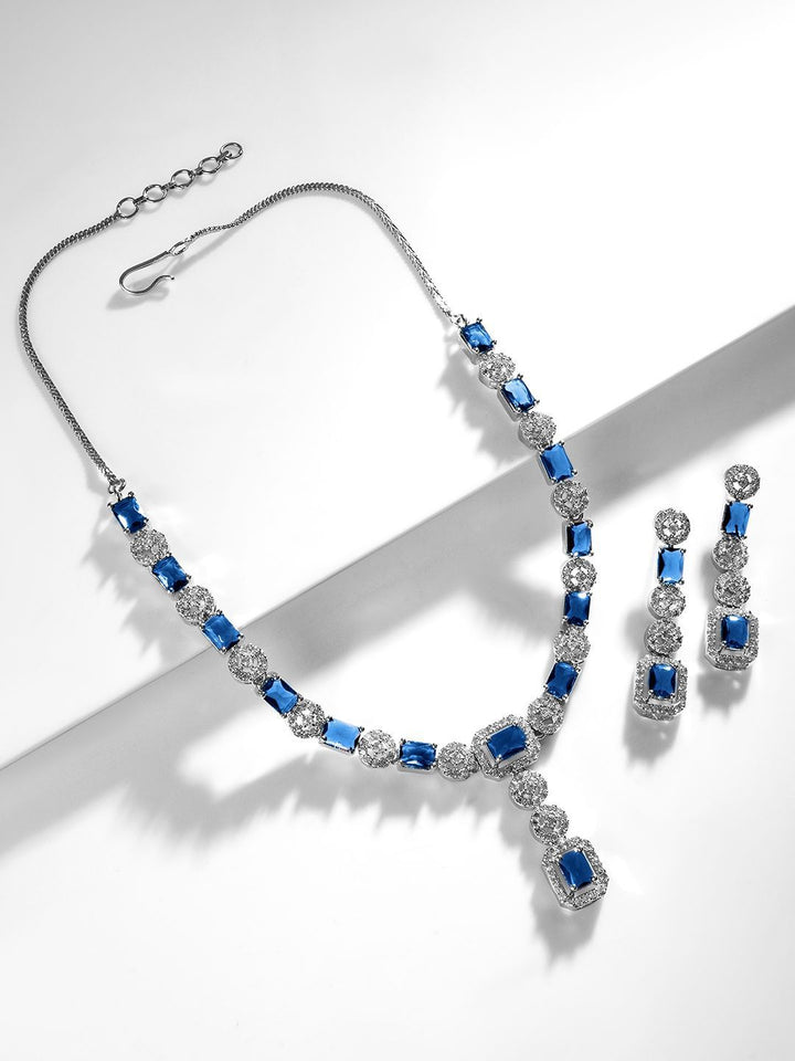 Rubans Rhodium-Plated Blue AD & Cubic Zirconia Studded Statement Jewelry Set