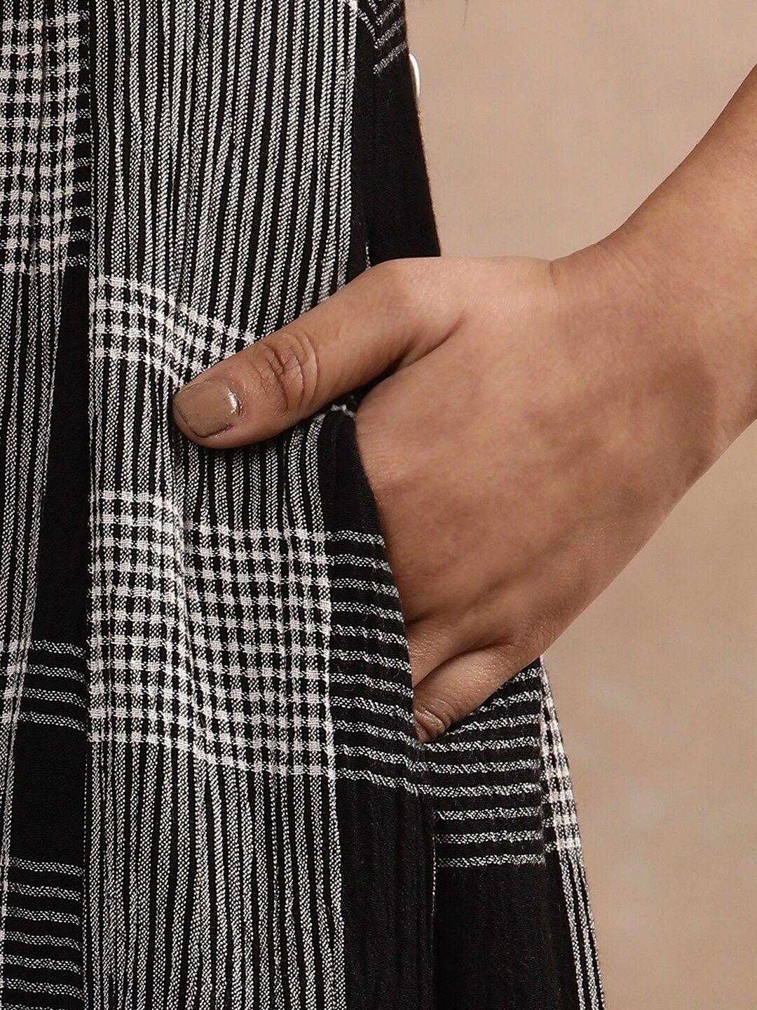 W Checked Mandarin Collar A-Line Midi Dress