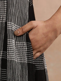 W Checked Mandarin Collar A-Line Midi Dress