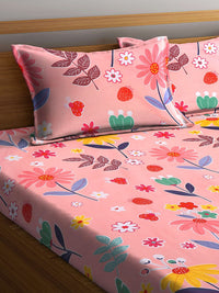 KLOTTHE Pink Floral Printed Flat 300 TC King Bedsheet with 2 Pillow Covers-250X225 cm