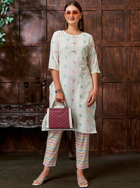 KALINI Geometric Woven Design Thread Work Kurta with Trousers