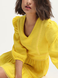 RAREISM V-Neck Puff Sleeves Lace Inserts Cotton Fit & Flare Dress