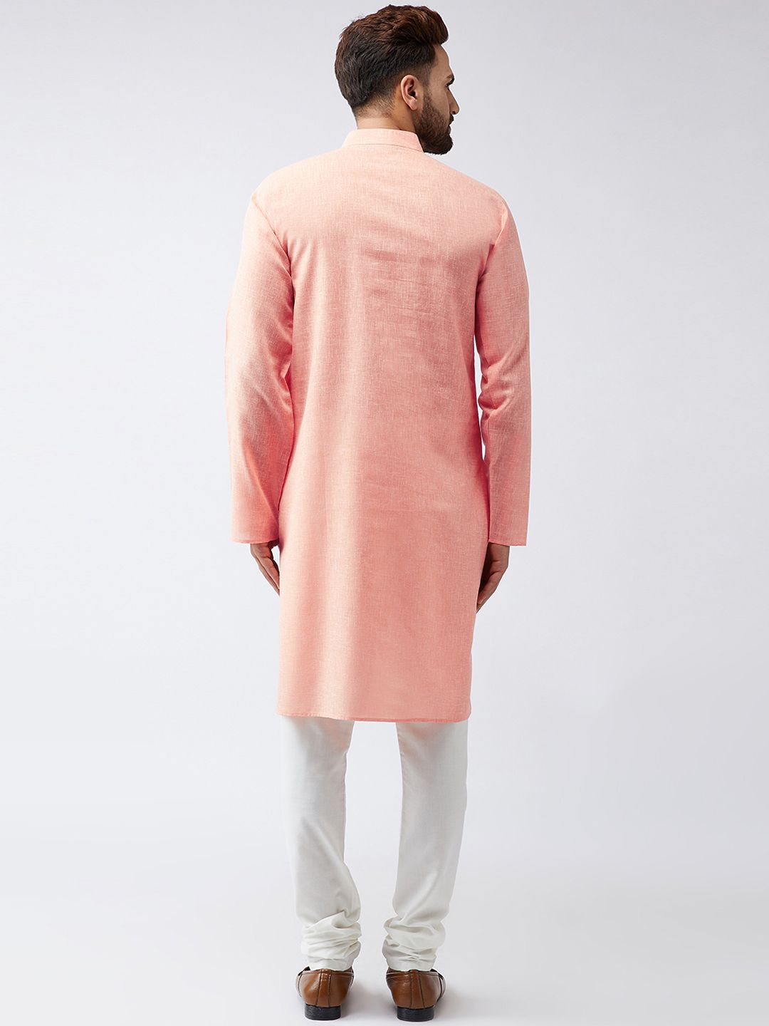 SOJANYA Men Orange & Off-White Solid Kurta with Churidar
