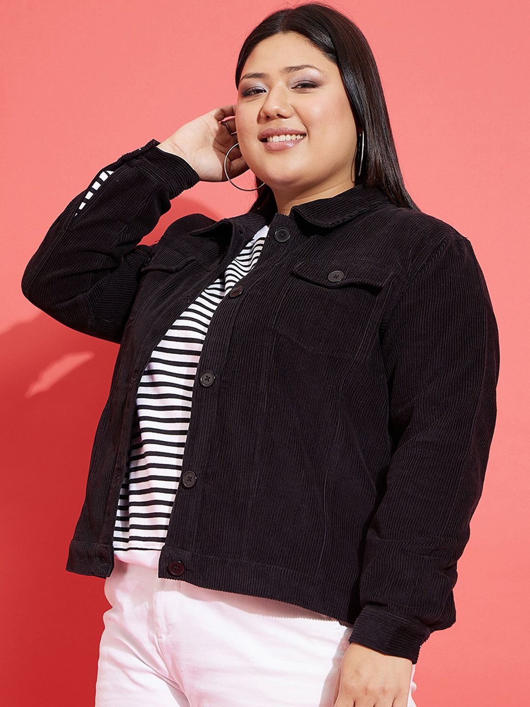 SASSAFRAS Curve Plus Size Black Spread Collar Corduroy Jacket