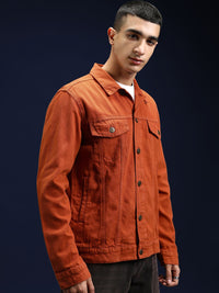 HIGHLANDER Men Rust Washed Denim Jacket with Patchwork