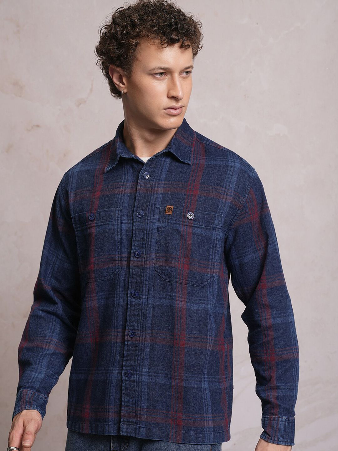 LOCOMOTIVE Premium Indigo Dobby Textured Checked Utility Pocket Overshirt