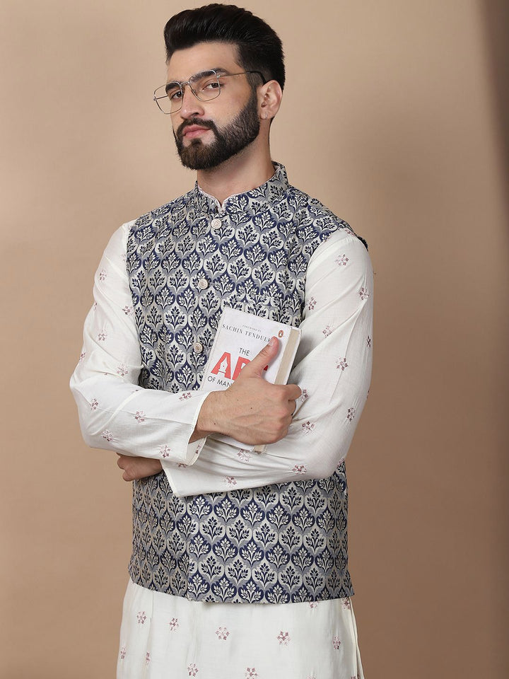 Anouk Cream-Coloured Floral Embroidered Cotton Silk Kurta with Churidar & Nehru Jacket