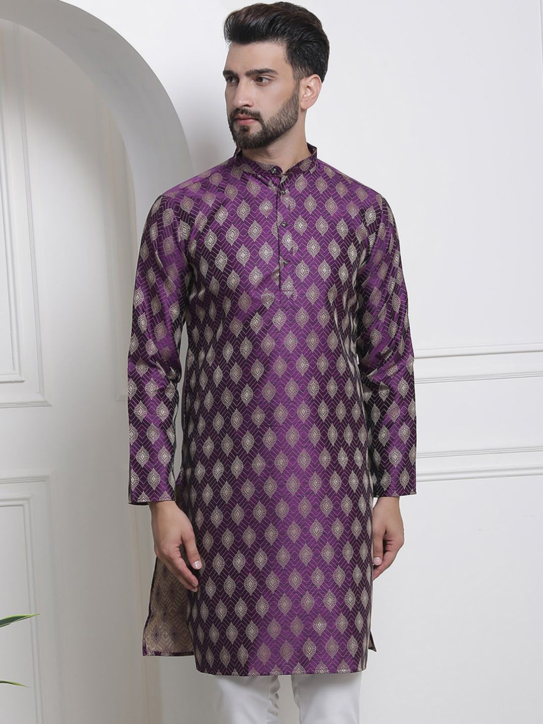 SOJANYA Ethnic Motifs Woven Design Mandarin Collar Jacquard Kurta