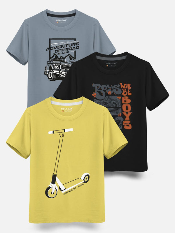 HELLCAT Boys Pack Of 3 Printed Cotton T-shirt