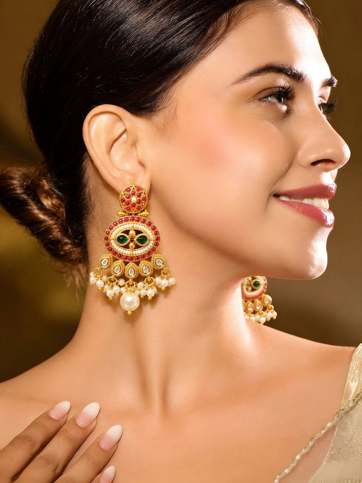 Gold-Toned Multi-Coloured Kundan Beaded Pearl Drop Earrings