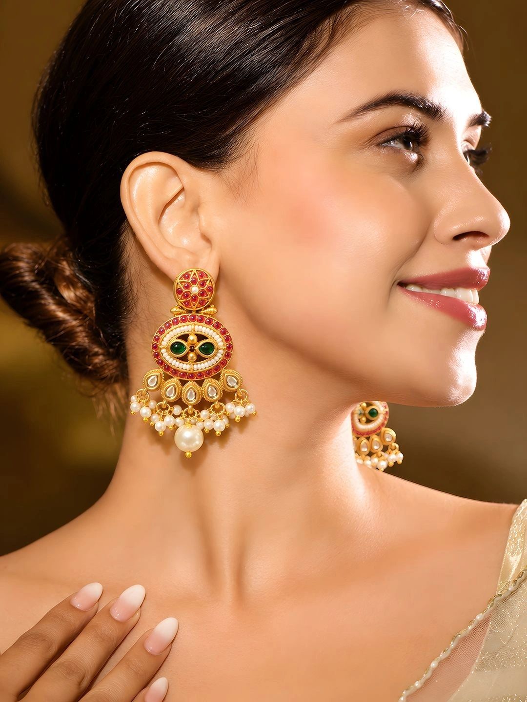 Gold-Toned Multi-Coloured Kundan Beaded Pearl Drop Earrings