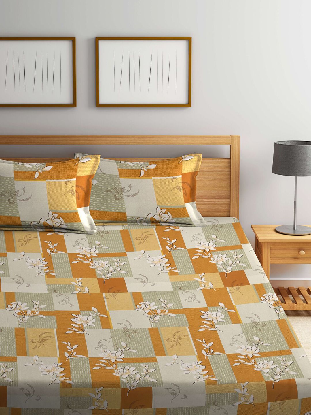 KLOTTHE Mustard-Yellow & White Floral-Printed 400TC Pure Cotton Fitted Double Bedsheet Set